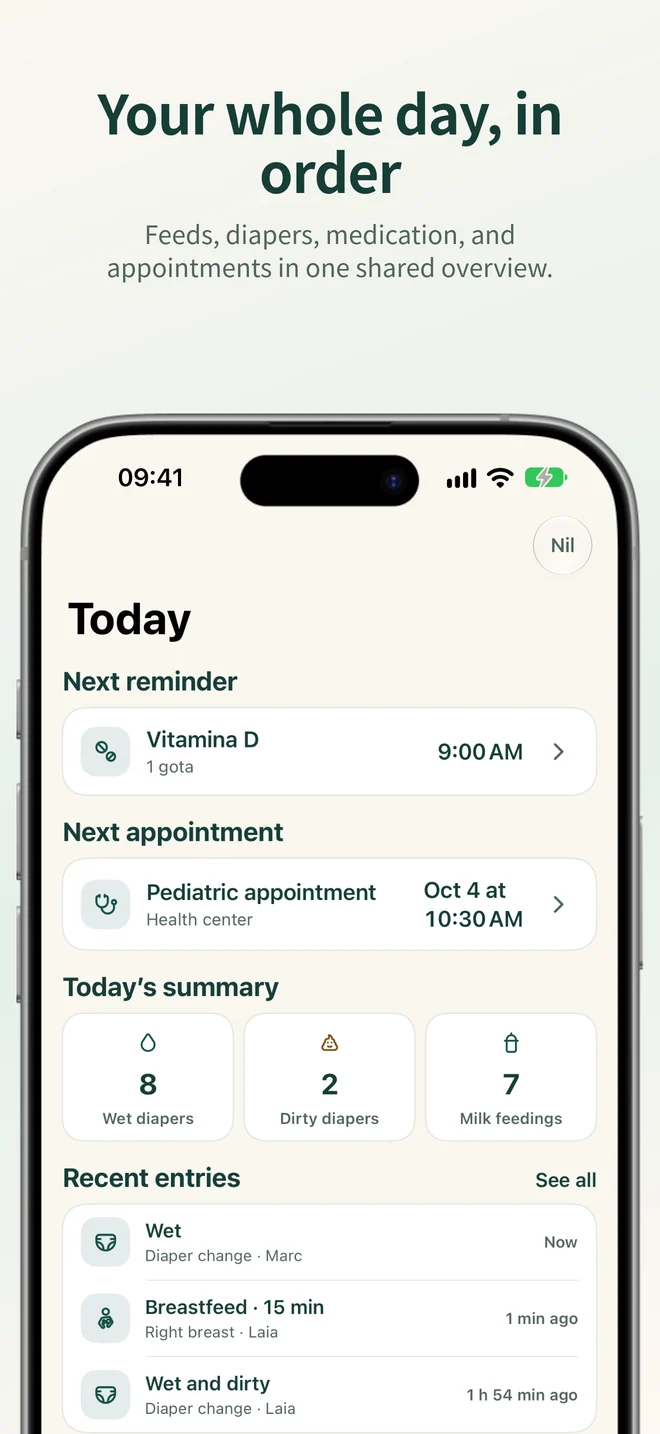 Bressol Today screen with reminders, appointments, a summary, and recent entries.