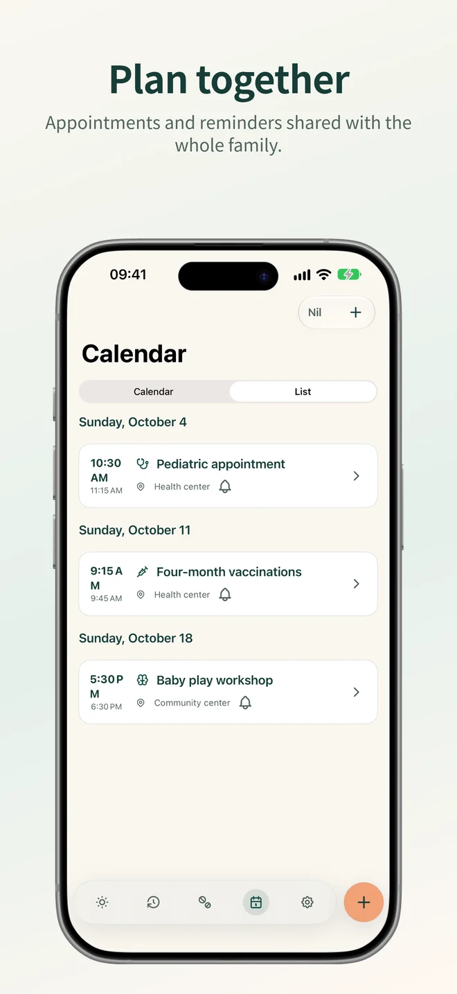Shared family calendar with appointments, vaccines, locations, and reminders.