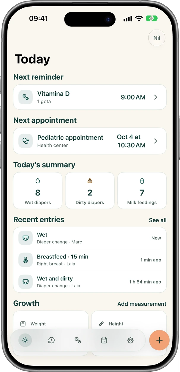 Bressol Today screen with reminders, appointments, a summary, and recent entries.